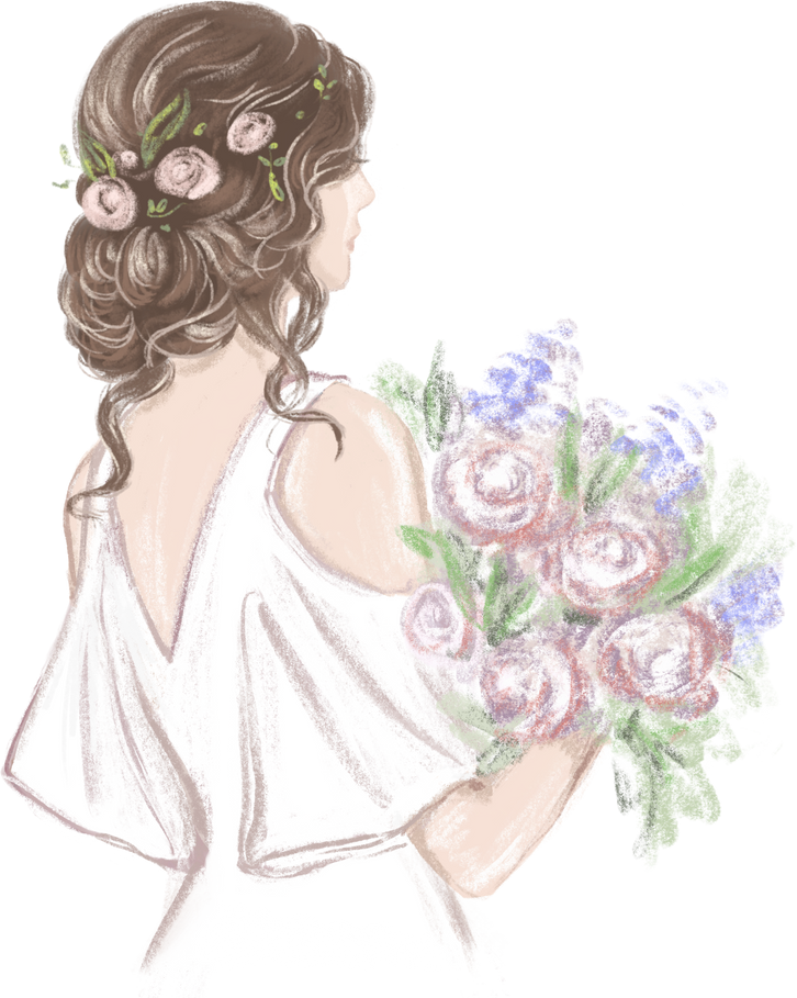 Hand Drawn Illustration of a Bride with a Bouquet